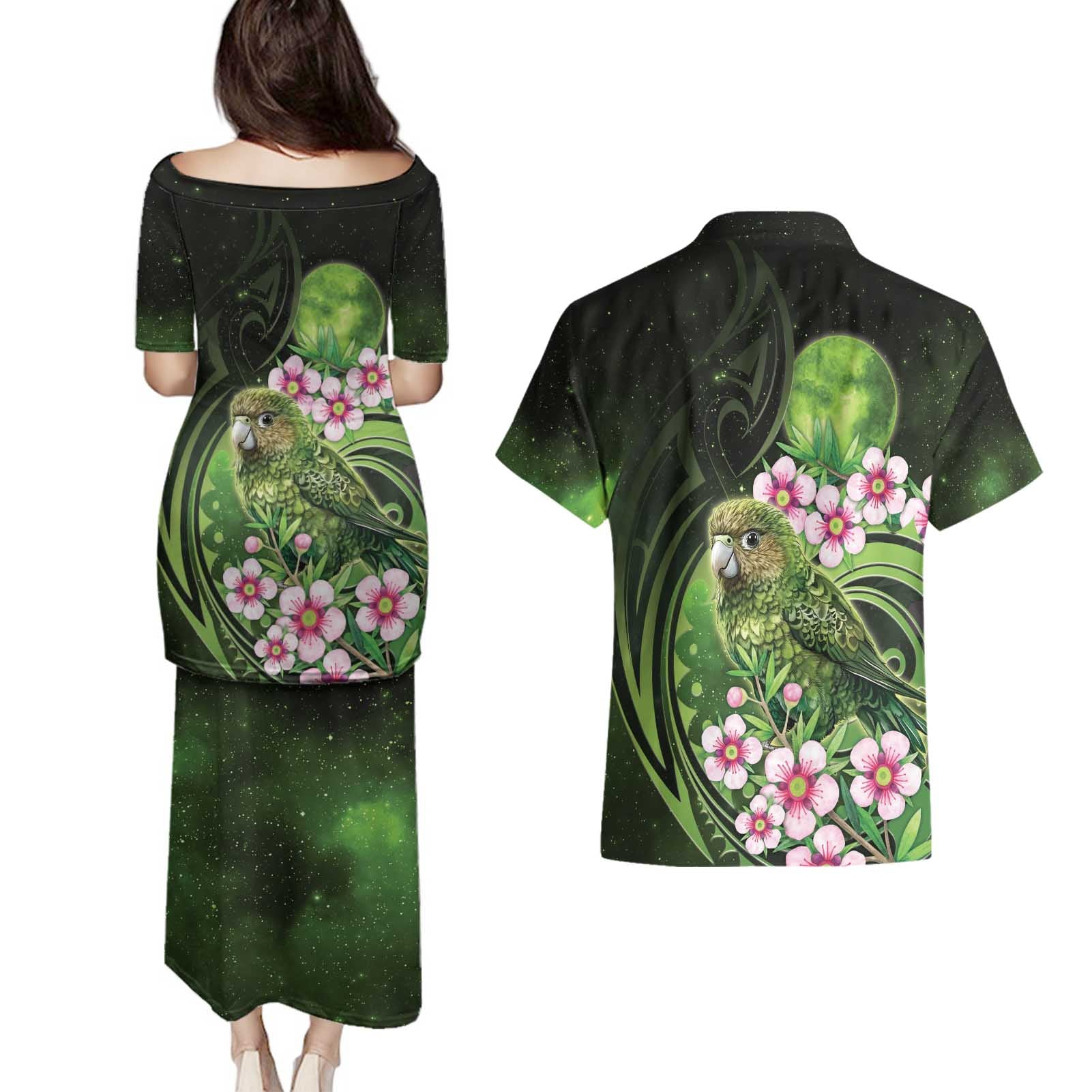 New Zealand Aotearoa Kakapo Couples Matching Puletasi and Hawaiian Shirt Maori Pattern With Manuka Galaxy Style - Aussie Hoodie