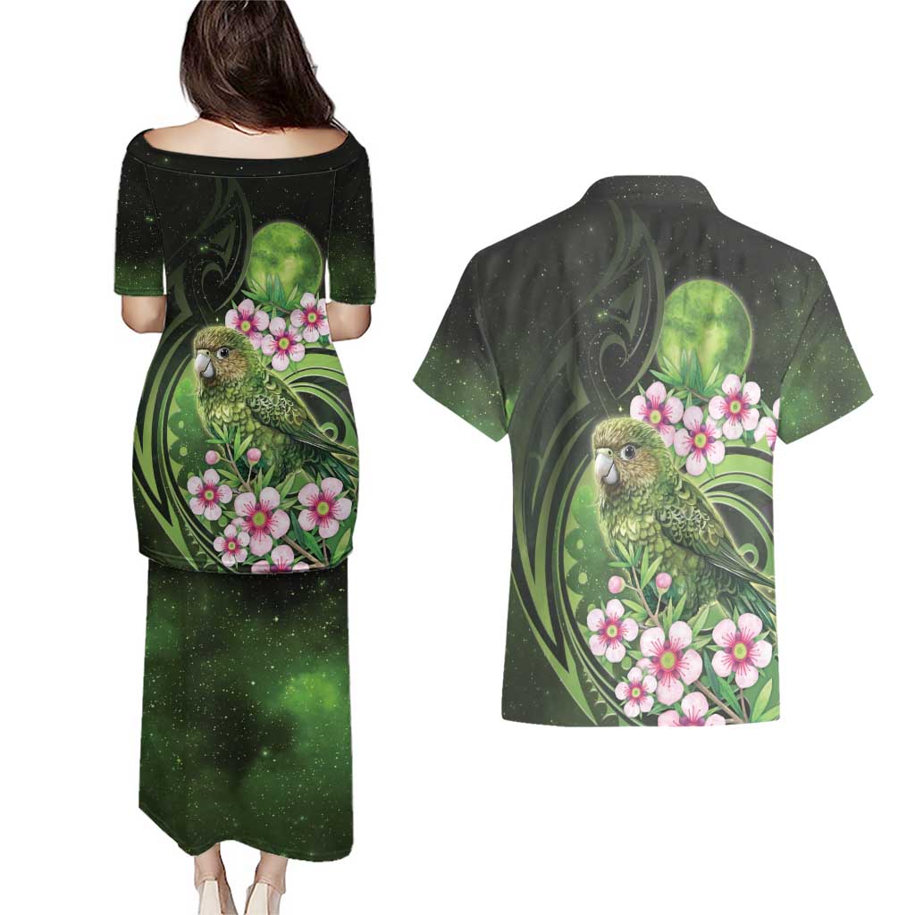 New Zealand Aotearoa Kakapo Couples Matching Puletasi and Hawaiian Shirt Maori Pattern With Manuka Galaxy Style - Aussie Hoodie