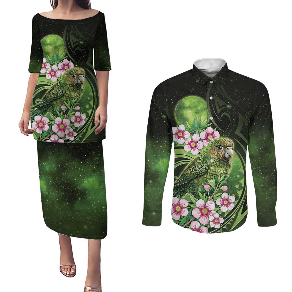 New Zealand Aotearoa Kakapo Couples Matching Puletasi and Long Sleeve Button Shirt Maori Pattern With Manuka Galaxy Style - Aussie Hoodie
