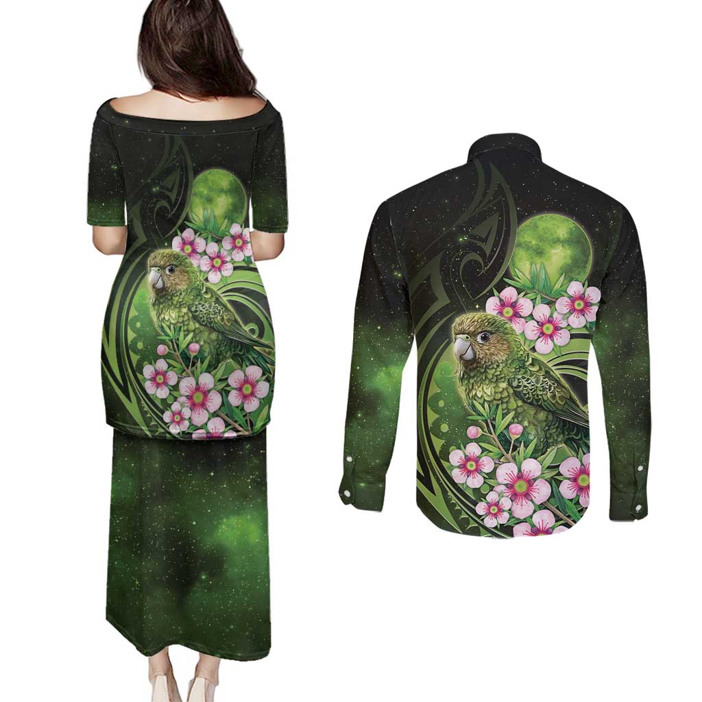 New Zealand Aotearoa Kakapo Couples Matching Puletasi and Long Sleeve Button Shirt Maori Pattern With Manuka Galaxy Style - Aussie Hoodie