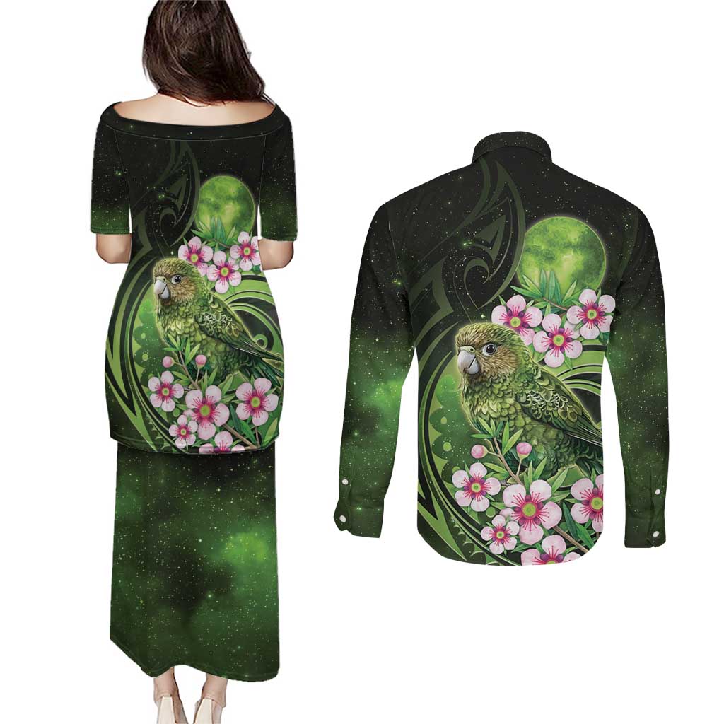 New Zealand Aotearoa Kakapo Couples Matching Puletasi and Long Sleeve Button Shirt Maori Pattern With Manuka Galaxy Style - Aussie Hoodie