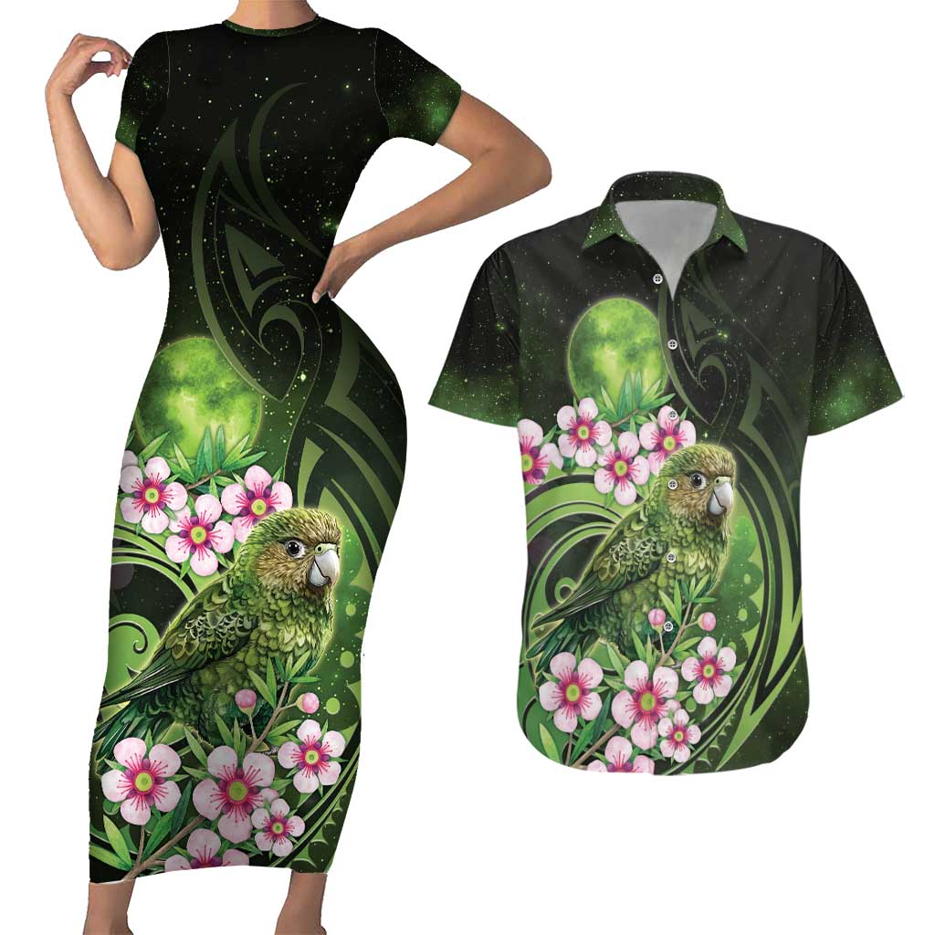 New Zealand Aotearoa Kakapo Couples Matching Short Sleeve Bodycon Dress and Hawaiian Shirt Maori Pattern With Manuka Galaxy Style - Aussie Hoodie