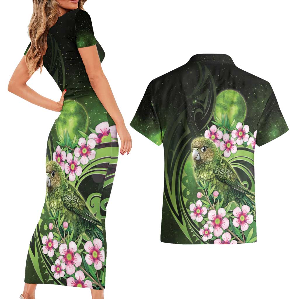 New Zealand Aotearoa Kakapo Couples Matching Short Sleeve Bodycon Dress and Hawaiian Shirt Maori Pattern With Manuka Galaxy Style - Aussie Hoodie