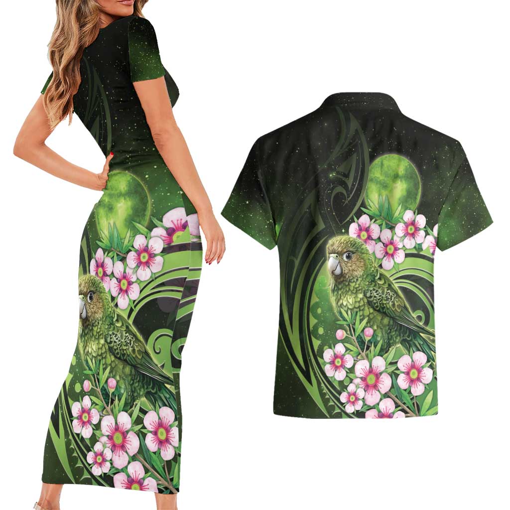 New Zealand Aotearoa Kakapo Couples Matching Short Sleeve Bodycon Dress and Hawaiian Shirt Maori Pattern With Manuka Galaxy Style - Aussie Hoodie