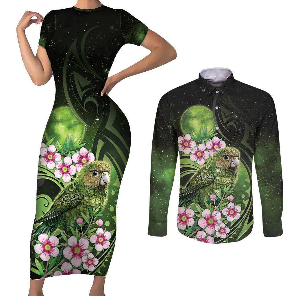 New Zealand Aotearoa Kakapo Couples Matching Short Sleeve Bodycon Dress and Long Sleeve Button Shirt Maori Pattern With Manuka Galaxy Style - Aussie Hoodie