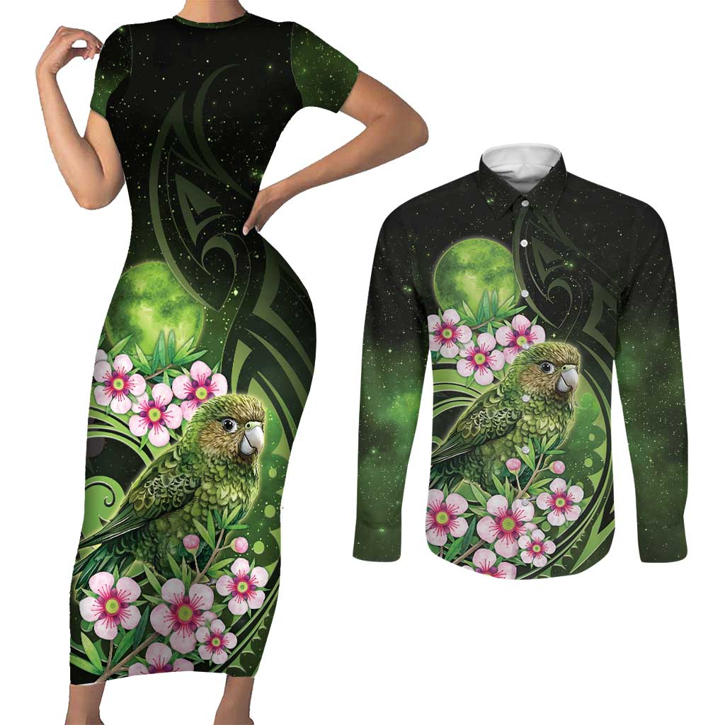 New Zealand Aotearoa Kakapo Couples Matching Short Sleeve Bodycon Dress and Long Sleeve Button Shirt Maori Pattern With Manuka Galaxy Style - Aussie Hoodie