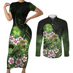 New Zealand Aotearoa Kakapo Couples Matching Short Sleeve Bodycon Dress and Long Sleeve Button Shirt Maori Pattern With Manuka Galaxy Style - Aussie Hoodie