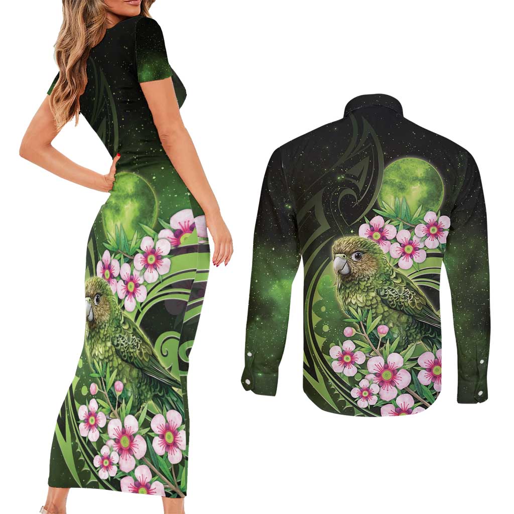 New Zealand Aotearoa Kakapo Couples Matching Short Sleeve Bodycon Dress and Long Sleeve Button Shirt Maori Pattern With Manuka Galaxy Style - Aussie Hoodie