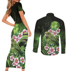 New Zealand Aotearoa Kakapo Couples Matching Short Sleeve Bodycon Dress and Long Sleeve Button Shirt Maori Pattern With Manuka Galaxy Style - Aussie Hoodie