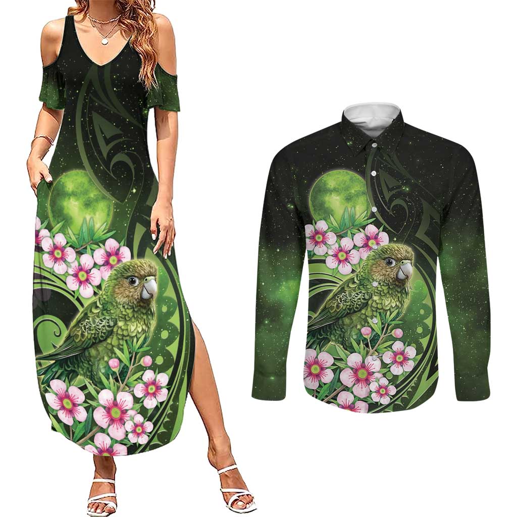 New Zealand Aotearoa Kakapo Couples Matching Summer Maxi Dress and Long Sleeve Button Shirt Maori Pattern With Manuka Galaxy Style - Aussie Hoodie