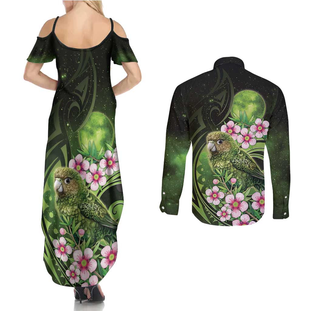 New Zealand Aotearoa Kakapo Couples Matching Summer Maxi Dress and Long Sleeve Button Shirt Maori Pattern With Manuka Galaxy Style - Aussie Hoodie