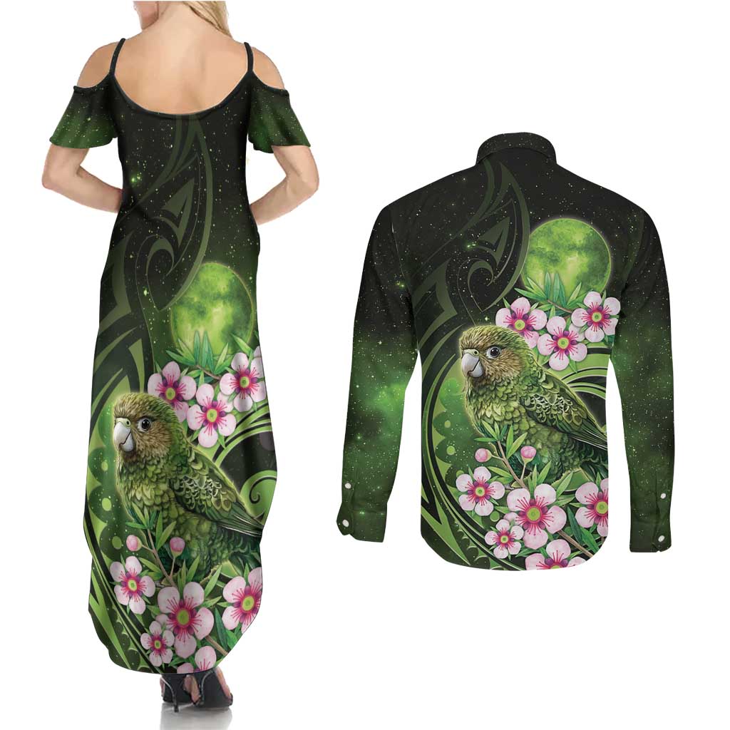 New Zealand Aotearoa Kakapo Couples Matching Summer Maxi Dress and Long Sleeve Button Shirt Maori Pattern With Manuka Galaxy Style - Aussie Hoodie
