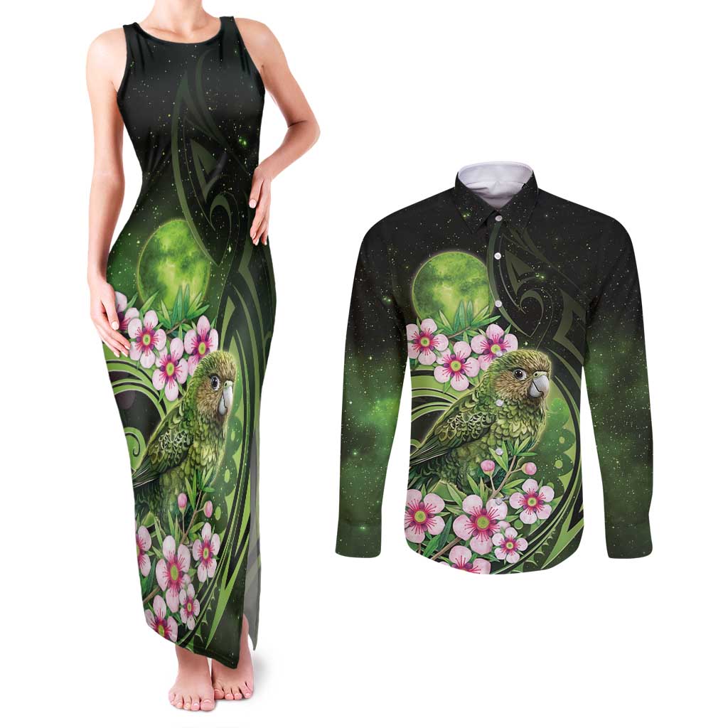 New Zealand Aotearoa Kakapo Couples Matching Tank Maxi Dress and Long Sleeve Button Shirt Maori Pattern With Manuka Galaxy Style - Aussie Hoodie