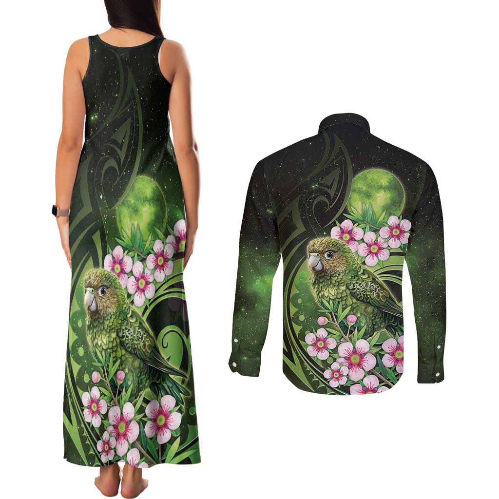 New Zealand Aotearoa Kakapo Couples Matching Tank Maxi Dress and Long Sleeve Button Shirt Maori Pattern With Manuka Galaxy Style - Aussie Hoodie