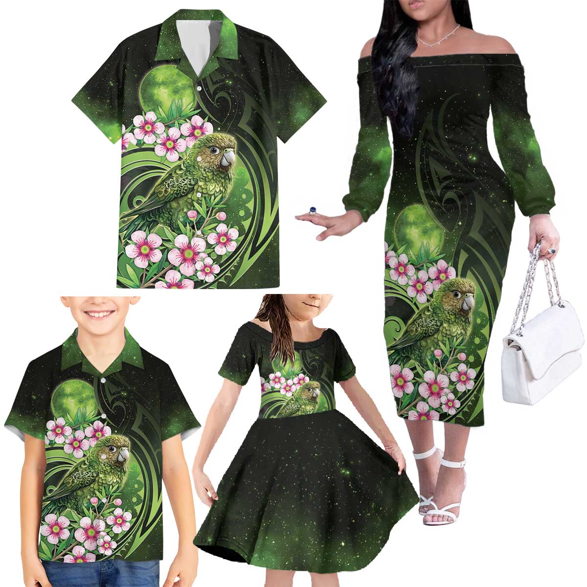 New Zealand Aotearoa Kakapo Family Matching Off The Shoulder Long Sleeve Dress and Hawaiian Shirt Maori Pattern With Manuka Galaxy Style - Aussie Hoodie