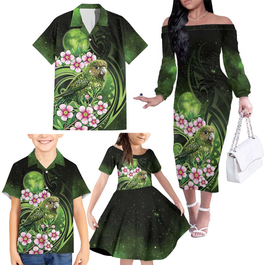 New Zealand Aotearoa Kakapo Family Matching Off The Shoulder Long Sleeve Dress and Hawaiian Shirt Maori Pattern With Manuka Galaxy Style - Aussie Hoodie
