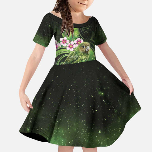 New Zealand Aotearoa Kakapo Family Matching Off The Shoulder Long Sleeve Dress and Hawaiian Shirt Maori Pattern With Manuka Galaxy Style - Aussie Hoodie