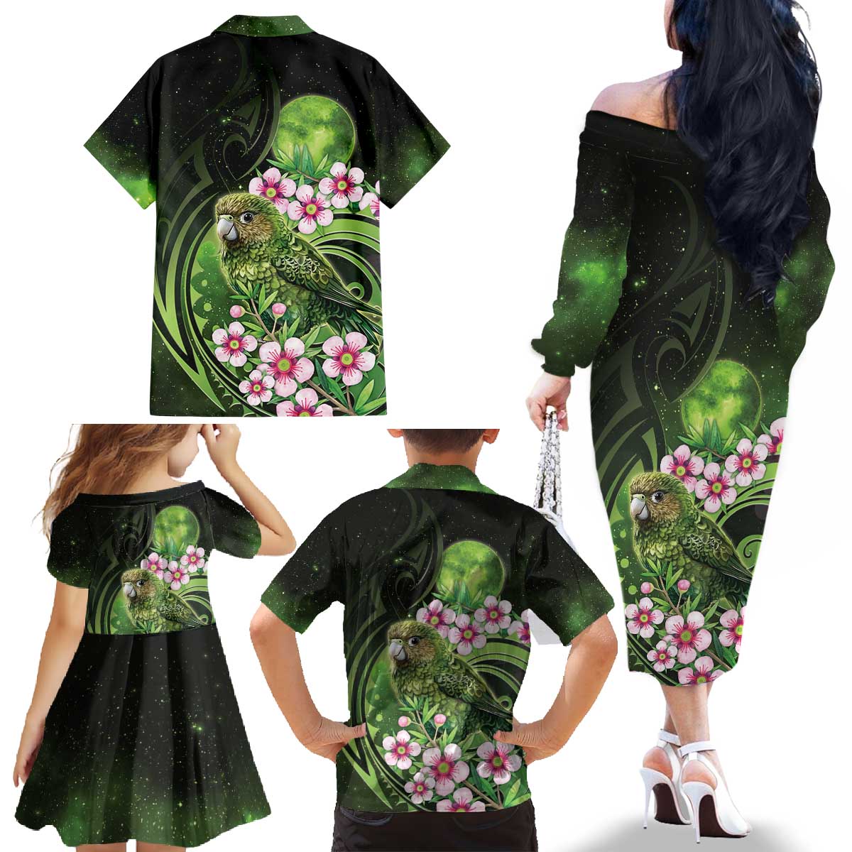 New Zealand Aotearoa Kakapo Family Matching Off The Shoulder Long Sleeve Dress and Hawaiian Shirt Maori Pattern With Manuka Galaxy Style - Aussie Hoodie