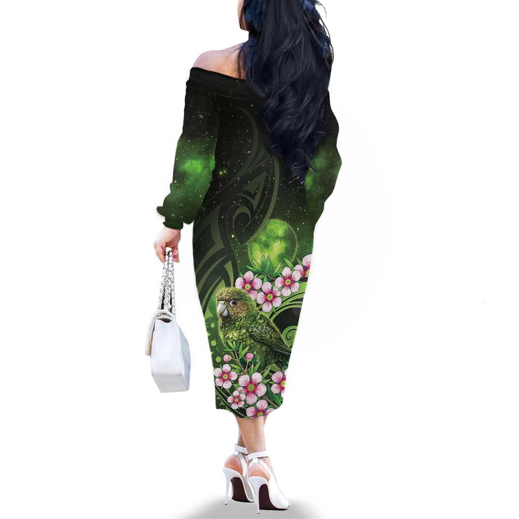 New Zealand Aotearoa Kakapo Family Matching Off The Shoulder Long Sleeve Dress and Hawaiian Shirt Maori Pattern With Manuka Galaxy Style - Aussie Hoodie