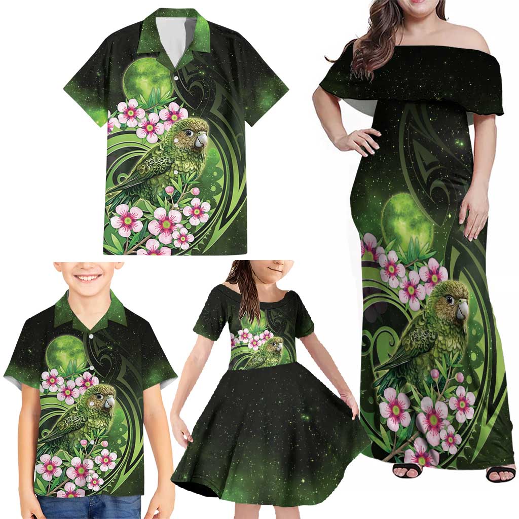 New Zealand Aotearoa Kakapo Family Matching Off Shoulder Maxi Dress and Hawaiian Shirt Maori Pattern With Manuka Galaxy Style - Aussie Hoodie