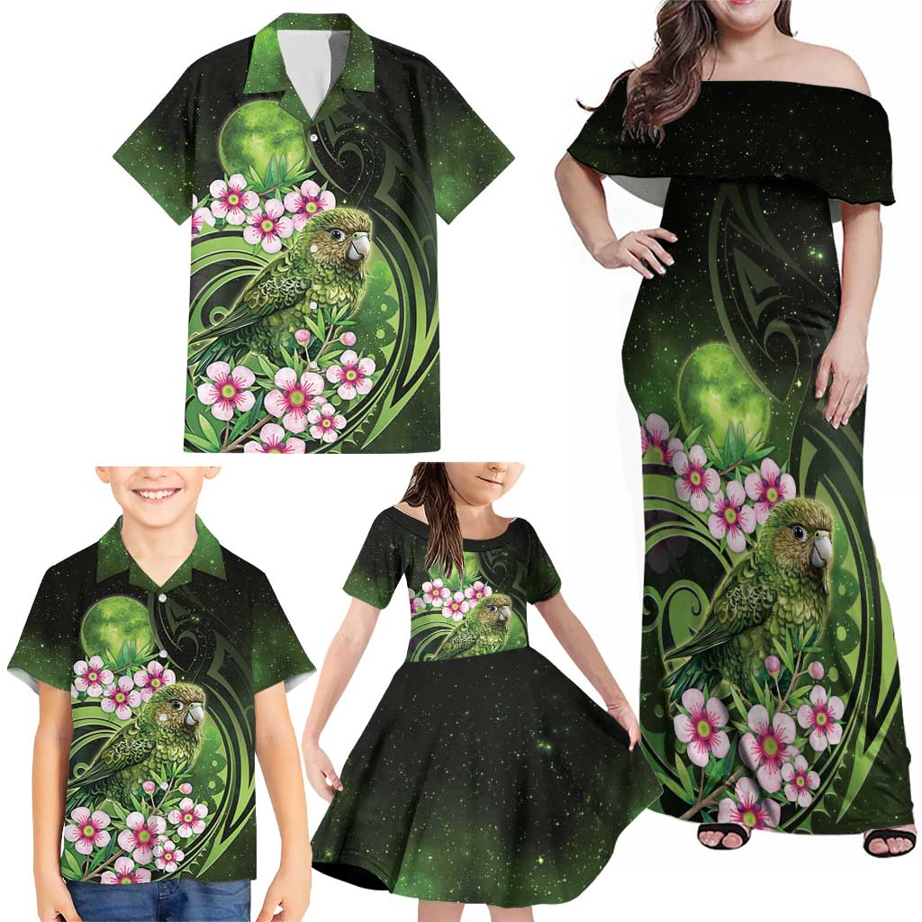 New Zealand Aotearoa Kakapo Family Matching Off Shoulder Maxi Dress and Hawaiian Shirt Maori Pattern With Manuka Galaxy Style - Aussie Hoodie
