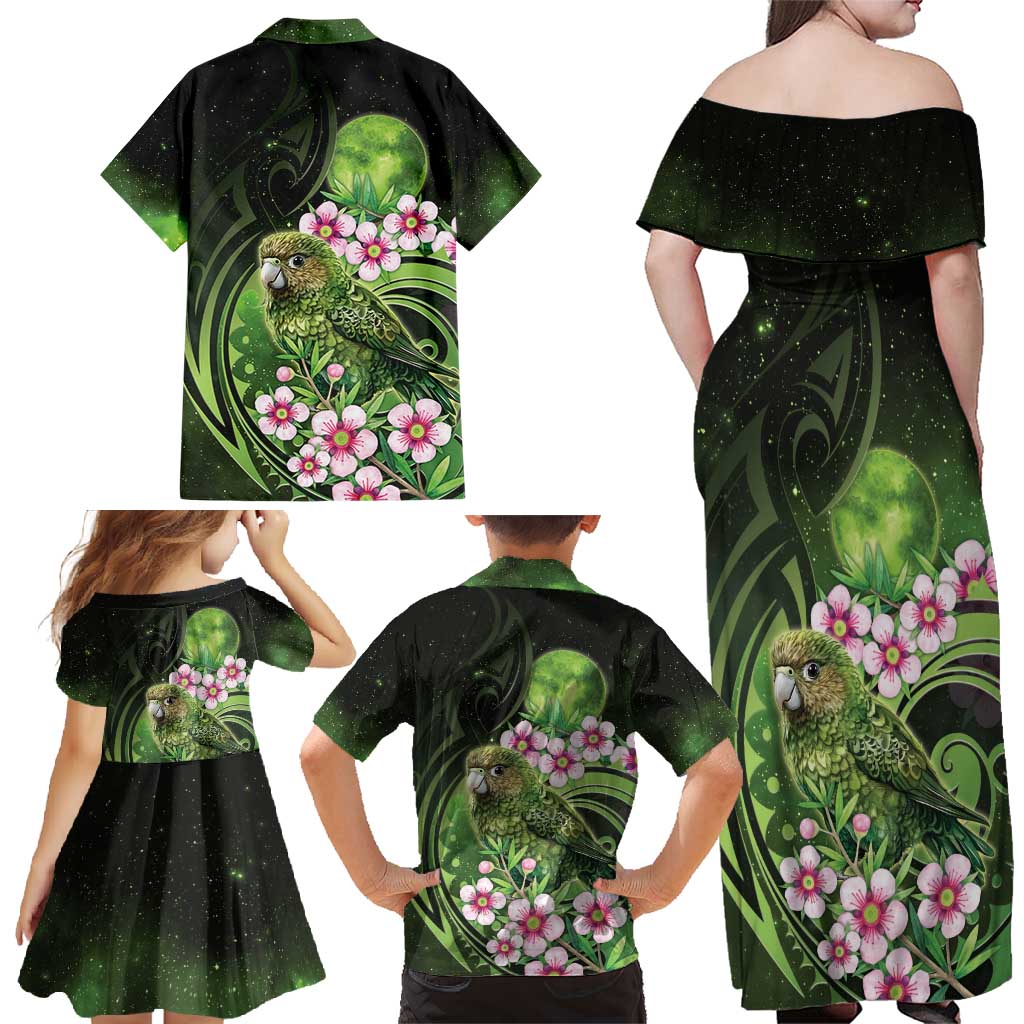 New Zealand Aotearoa Kakapo Family Matching Off Shoulder Maxi Dress and Hawaiian Shirt Maori Pattern With Manuka Galaxy Style - Aussie Hoodie