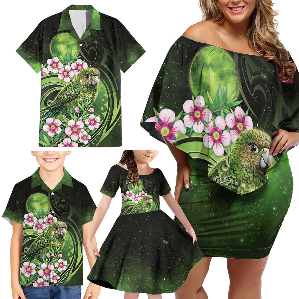 New Zealand Aotearoa Kakapo Family Matching Off Shoulder Short Dress and Hawaiian Shirt Maori Pattern With Manuka Galaxy Style - Aussie Hoodie