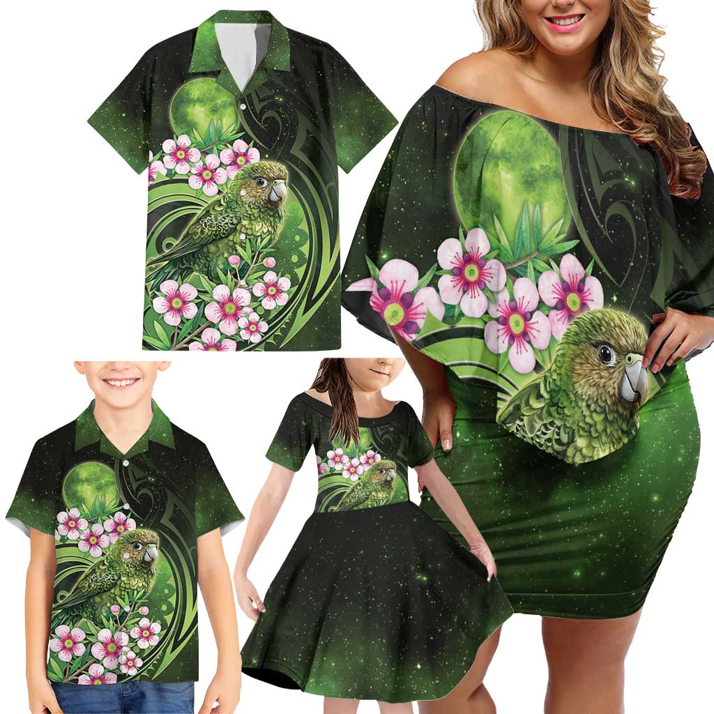 New Zealand Aotearoa Kakapo Family Matching Off Shoulder Short Dress and Hawaiian Shirt Maori Pattern With Manuka Galaxy Style - Aussie Hoodie