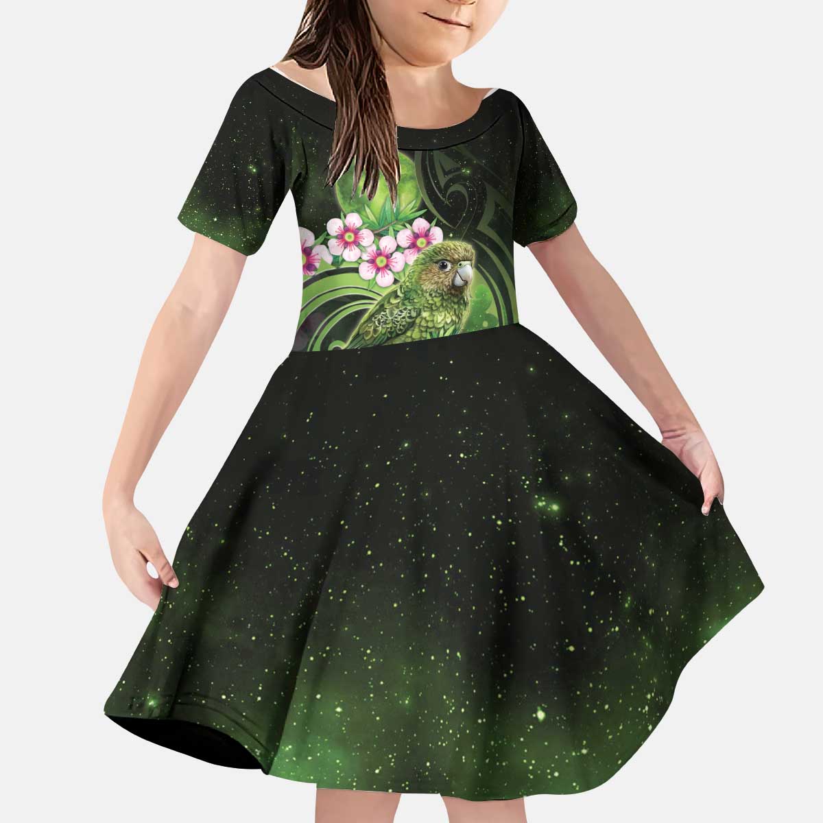 New Zealand Aotearoa Kakapo Kid Short Sleeve Dress Maori Pattern With Manuka Galaxy Style - Aussie Hoodie