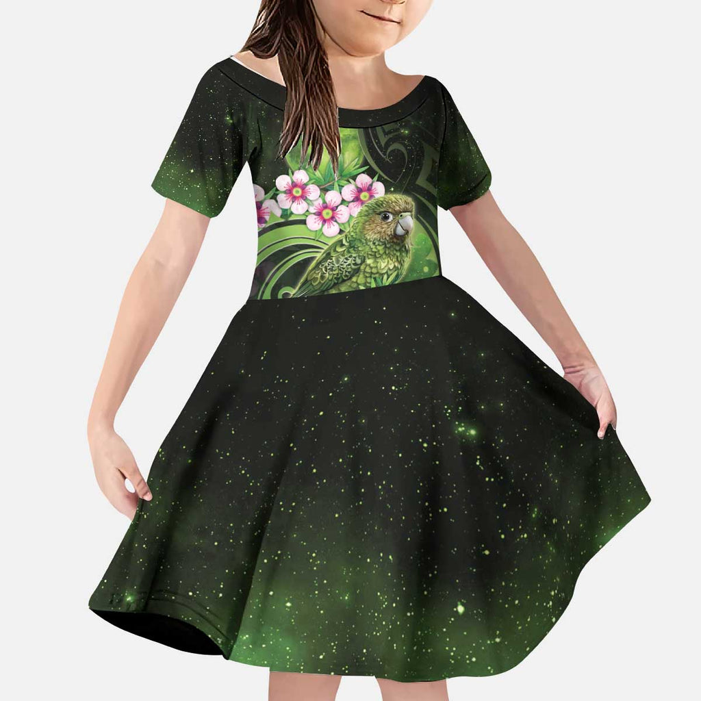 New Zealand Aotearoa Kakapo Kid Short Sleeve Dress Maori Pattern With Manuka Galaxy Style - Aussie Hoodie