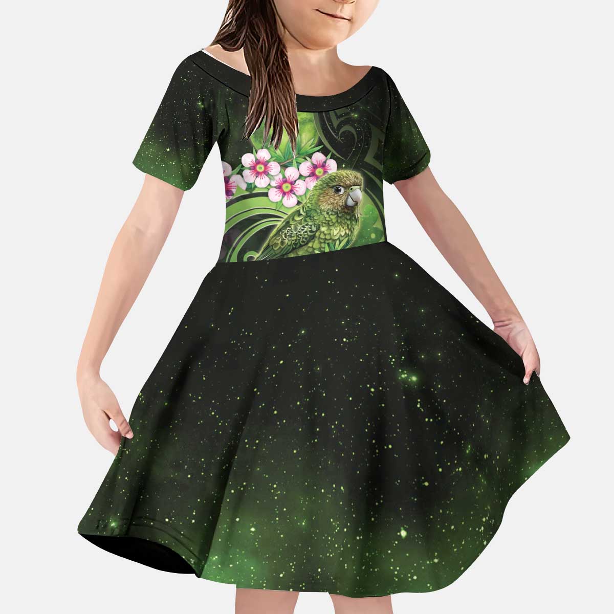 New Zealand Aotearoa Kakapo Kid Short Sleeve Dress Maori Pattern With Manuka Galaxy Style - Aussie Hoodie