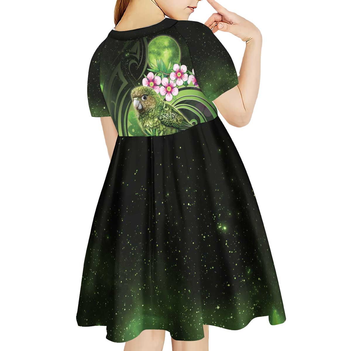 New Zealand Aotearoa Kakapo Kid Short Sleeve Dress Maori Pattern With Manuka Galaxy Style - Aussie Hoodie