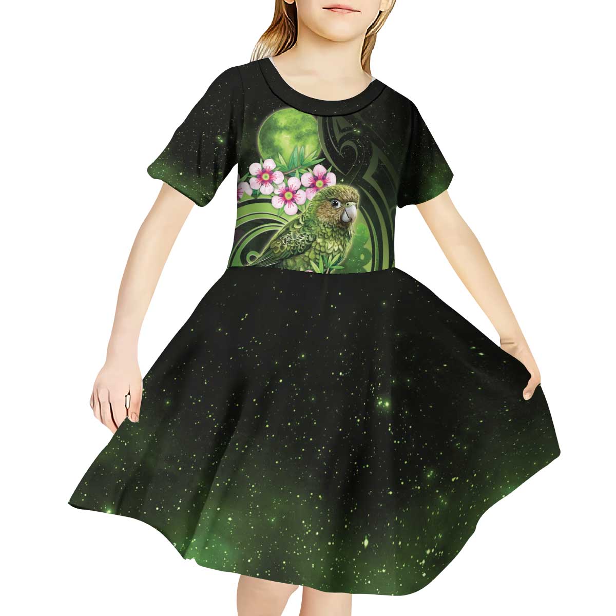 New Zealand Aotearoa Kakapo Kid Short Sleeve Dress Maori Pattern With Manuka Galaxy Style - Aussie Hoodie