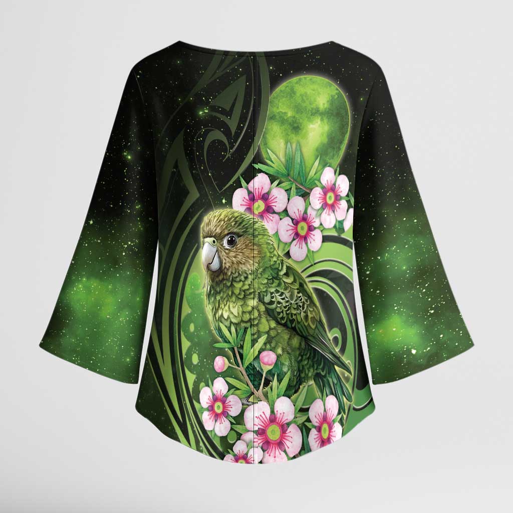 New Zealand Aotearoa Kakapo Kimono Sleeve Blouse Maori Pattern With Manuka Galaxy Style - Aussie Hoodie