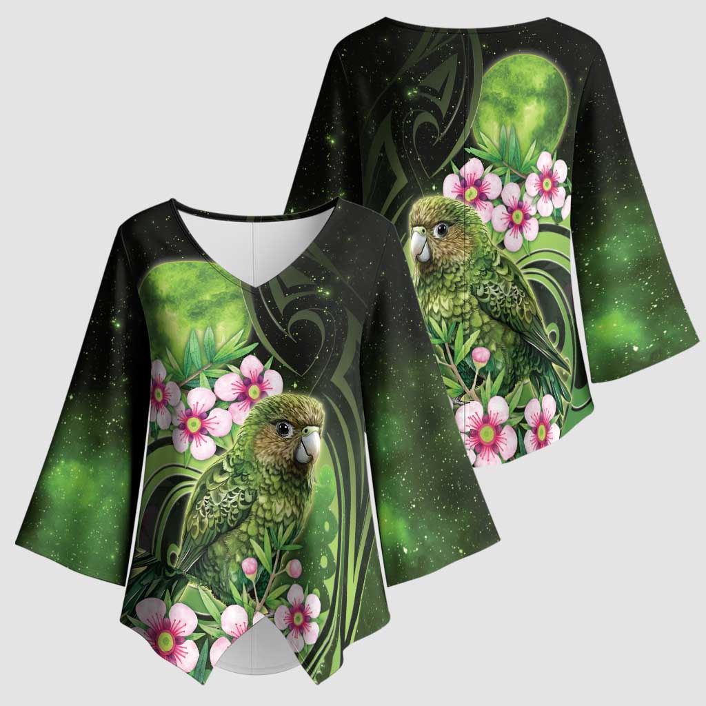 New Zealand Aotearoa Kakapo Kimono Sleeve Blouse Maori Pattern With Manuka Galaxy Style - Aussie Hoodie