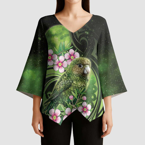 New Zealand Aotearoa Kakapo Kimono Sleeve Blouse Maori Pattern With Manuka Galaxy Style - Aussie Hoodie