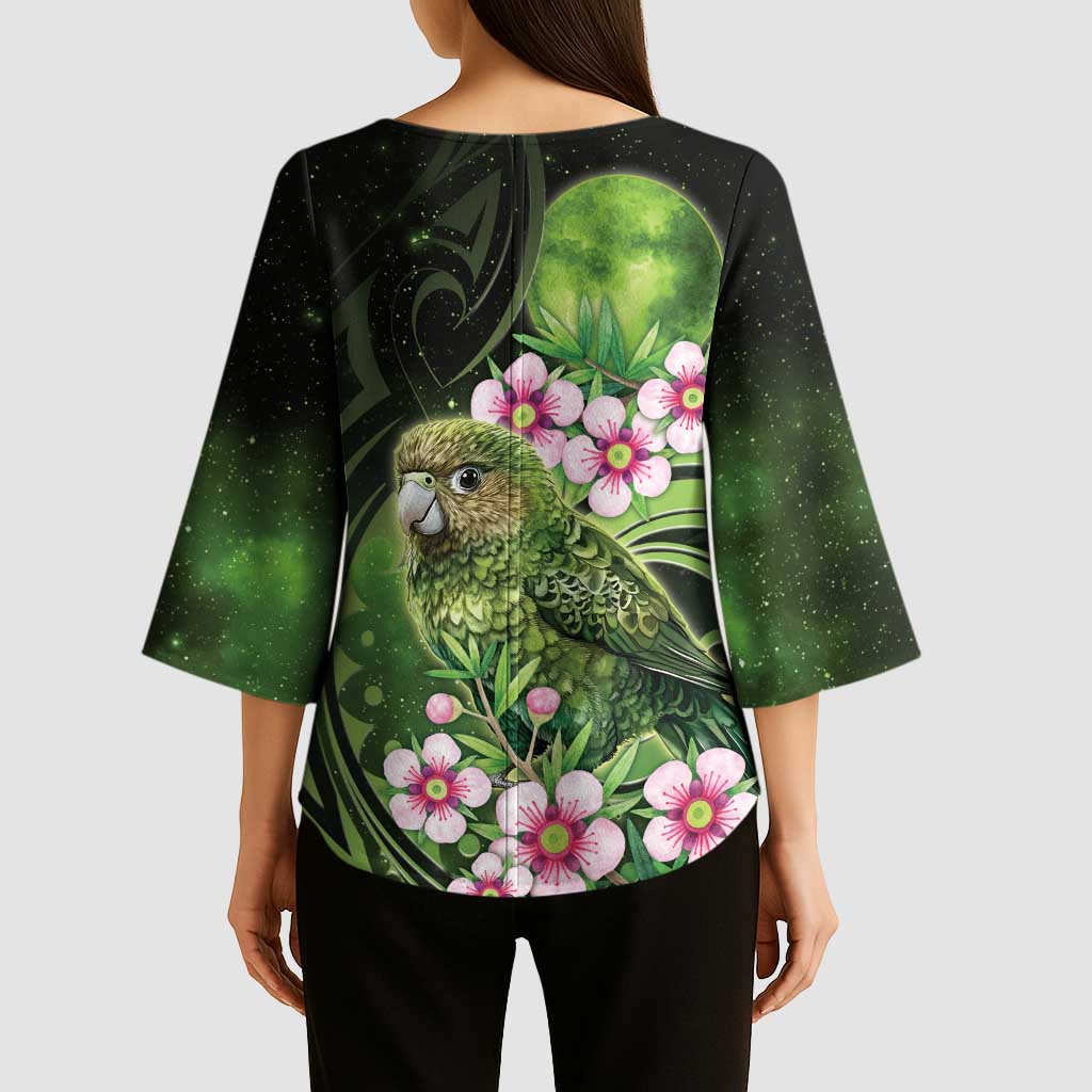 New Zealand Aotearoa Kakapo Kimono Sleeve Blouse Maori Pattern With Manuka Galaxy Style - Aussie Hoodie
