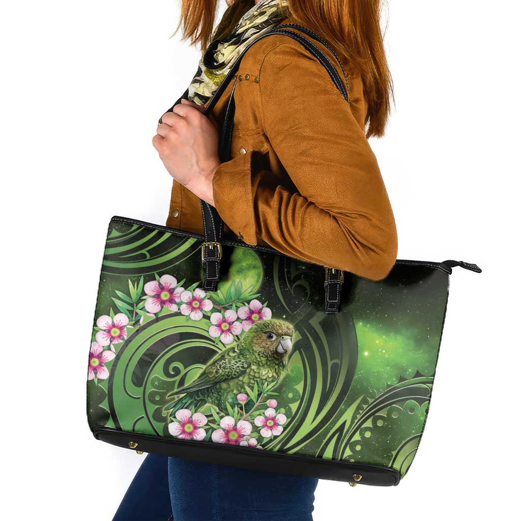 New Zealand Aotearoa Kakapo Leather Tote Bag Maori Pattern With Manuka Galaxy Style - Aussie Hoodie