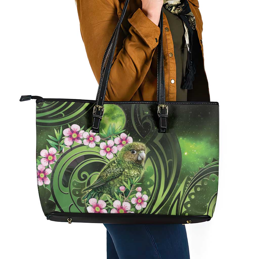 New Zealand Aotearoa Kakapo Leather Tote Bag Maori Pattern With Manuka Galaxy Style - Aussie Hoodie