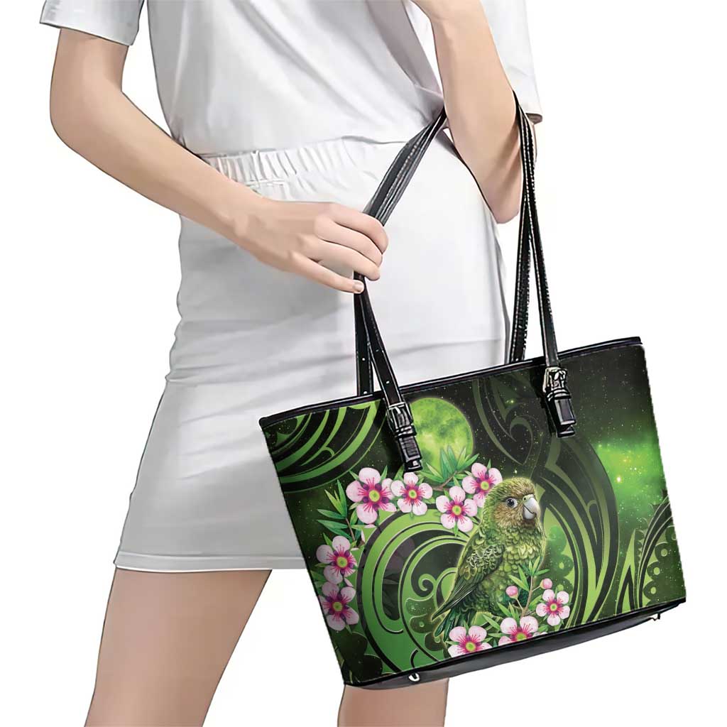New Zealand Aotearoa Kakapo Leather Tote Bag Maori Pattern With Manuka Galaxy Style - Aussie Hoodie
