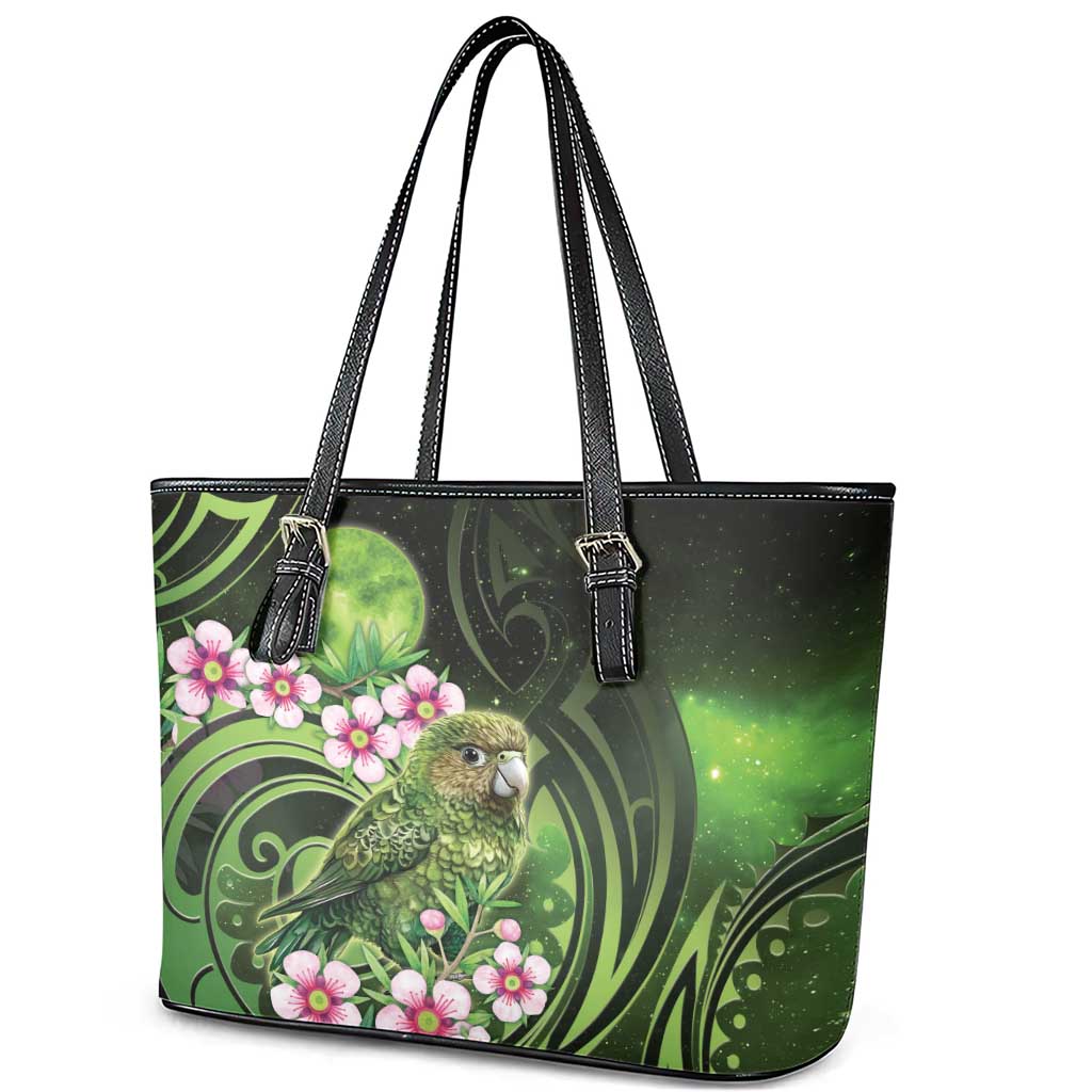 New Zealand Aotearoa Kakapo Leather Tote Bag Maori Pattern With Manuka Galaxy Style - Aussie Hoodie