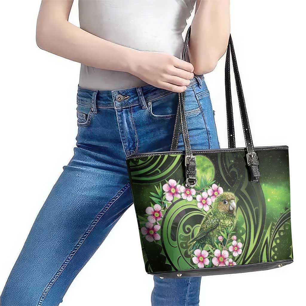 New Zealand Aotearoa Kakapo Leather Tote Bag Maori Pattern With Manuka Galaxy Style - Aussie Hoodie