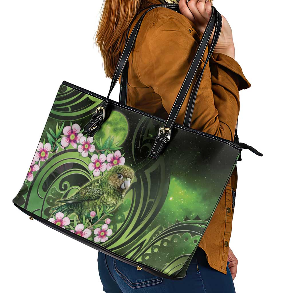 New Zealand Aotearoa Kakapo Leather Tote Bag Maori Pattern With Manuka Galaxy Style - Aussie Hoodie