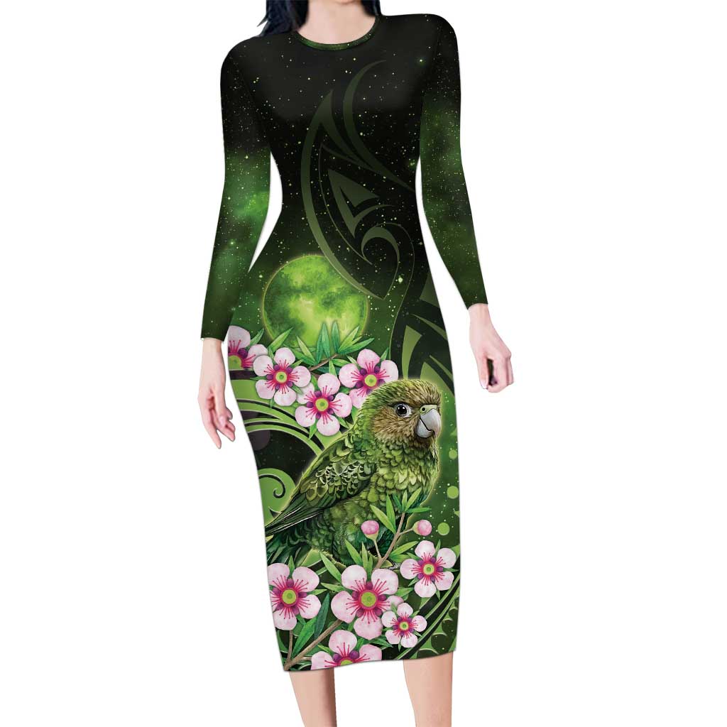 New Zealand Aotearoa Kakapo Long Sleeve Bodycon Dress Maori Pattern With Manuka Galaxy Style - Aussie Hoodie