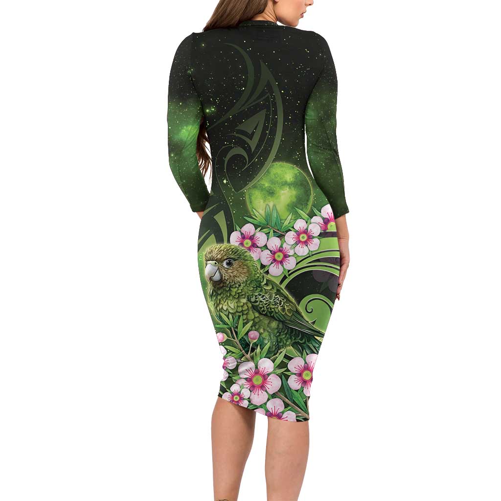New Zealand Aotearoa Kakapo Long Sleeve Bodycon Dress Maori Pattern With Manuka Galaxy Style - Aussie Hoodie