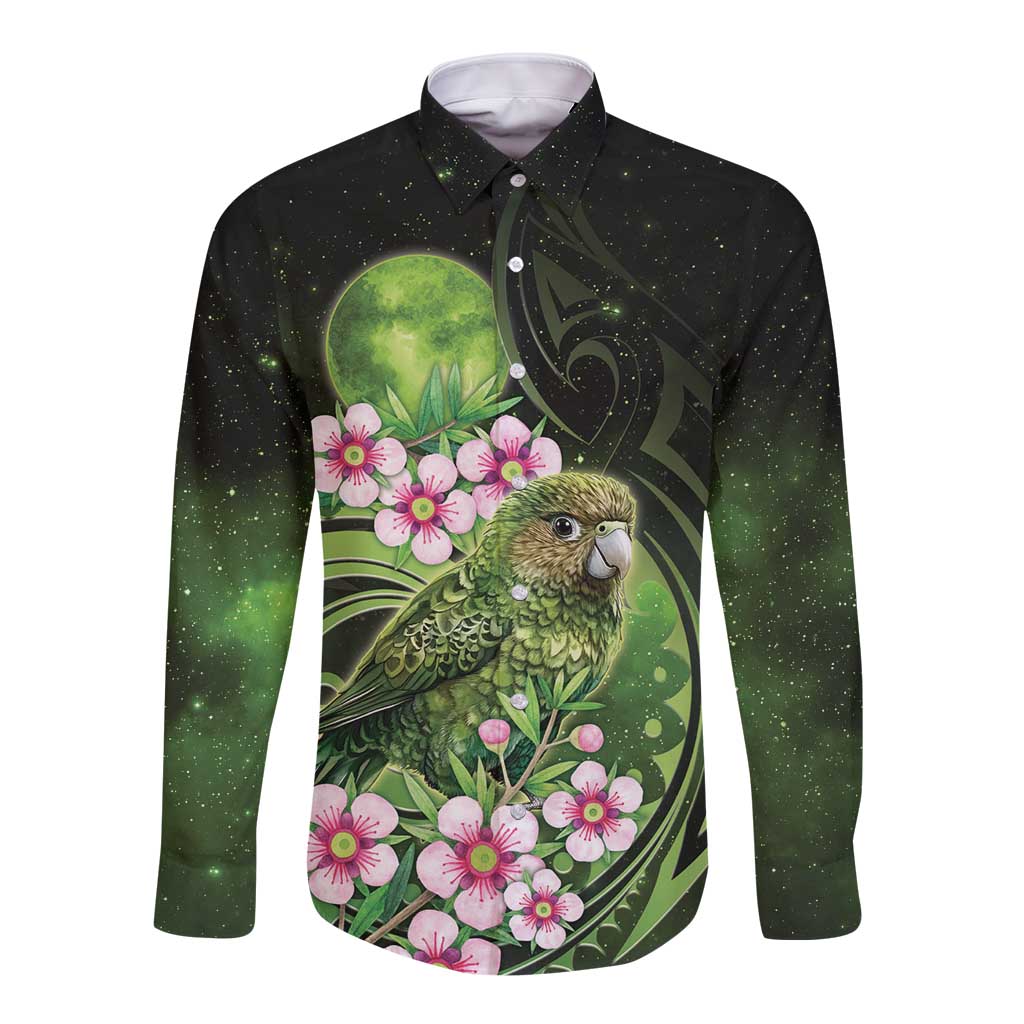 New Zealand Aotearoa Kakapo Long Sleeve Button Shirt Maori Pattern With Manuka Galaxy Style - Aussie Hoodie
