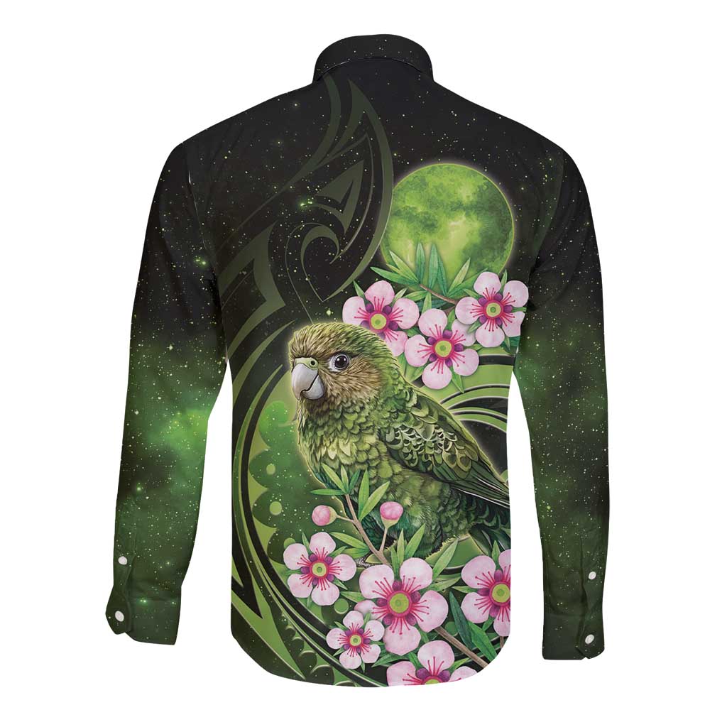 New Zealand Aotearoa Kakapo Long Sleeve Button Shirt Maori Pattern With Manuka Galaxy Style - Aussie Hoodie