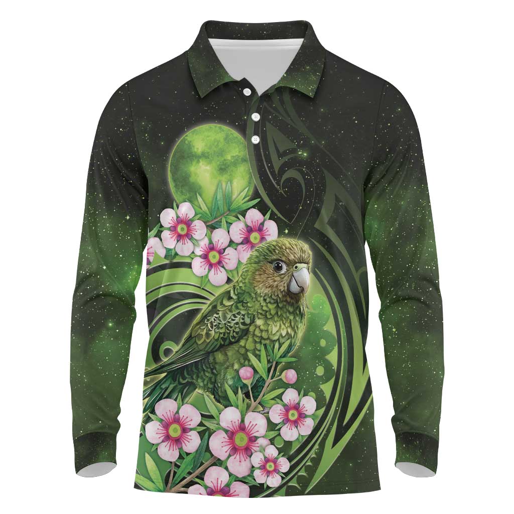 New Zealand Aotearoa Kakapo Long Sleeve Polo Shirt Maori Pattern With Manuka Galaxy Style - Aussie Hoodie