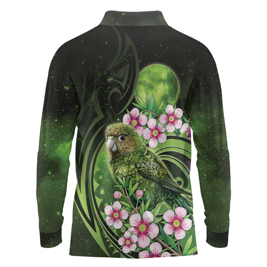 New Zealand Aotearoa Kakapo Long Sleeve Polo Shirt Maori Pattern With Manuka Galaxy Style - Aussie Hoodie