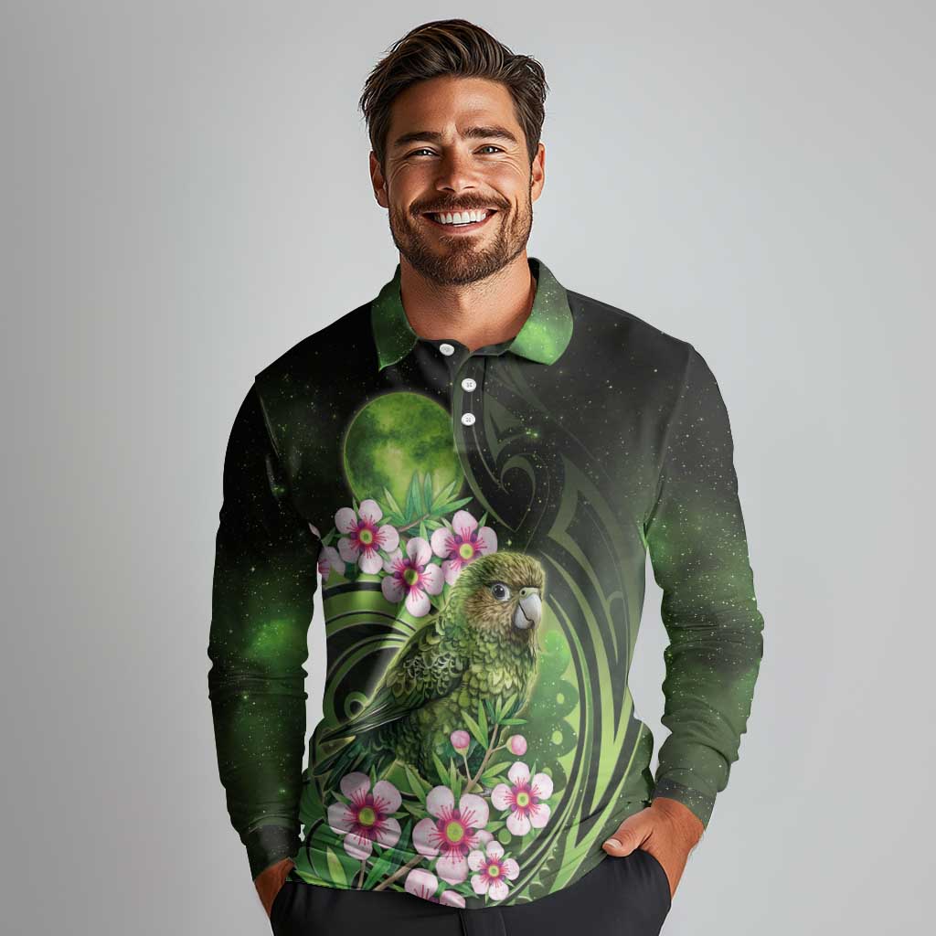 New Zealand Aotearoa Kakapo Long Sleeve Polo Shirt Maori Pattern With Manuka Galaxy Style - Aussie Hoodie